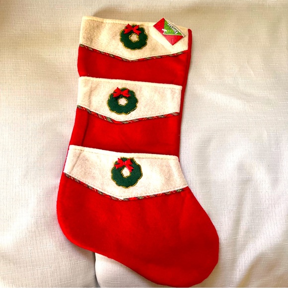 NWT Vintage Christmas Stocking with three pockets Felt Holiday Decor - Picture 1 of 11